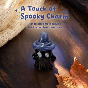 Obsidian Ghost Crystal Carving with Blue Aventurine <b>Witch</b> Hat, Hand‑Carved Natural Stone Spooky Ghost Figurine, Halloween Crysta - Product Image 3
