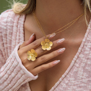 Floral Stainless Steel Necklace And <b>Ring</b> <b>Set</b> For <b>Women</b> Gift Jewelry - Product Image 3