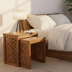 Hand Carved Wood Nested End <b>Tables</b> Natural Walnut Finish Set Of 2 Traditional Bedroom Furniture - Product Image 2