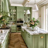Ensemble d'armoires de cuisine en bois massif de style européen modulaire personnalisé avec finition brillante, cuisine de villa et îlot en marbre