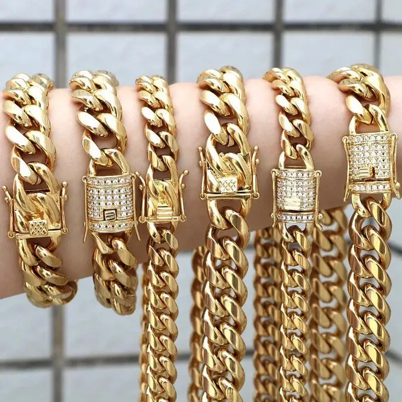 Wholesale Hip Hop Jewelry Luxury 18K PVD Gold Plated Filled 316L Stainless Steel Waterproof Miami Cuban Link Chain Necklace