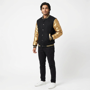 Venta al por mayor de alta calidad Black Gold Versity Jacket Hombres con mangas de cuero Bordado personalizado CollegeBaseballjacket para hombres - Product Image 1