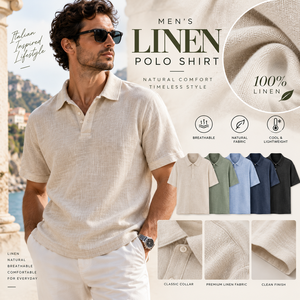 Polo en lin pour homme, léger, respirant, texturé, à manches courtes, haut de plage, vêtement d'été naturel, fabricant de vêtements sur mesure - Product Image 1