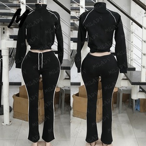 Custom Logo Katoenen Sweatsuit Dames Herfst Kleding Outfits Flare Broek Set Vrouwen Rits Up Jas En Joggingbroek <span class=keywords><strong>2</strong></span> Delige Sets - Product Image 3