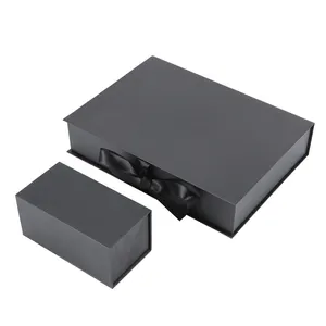 Custom Logo Luxury Black Magnetic Cardboard Box with Foam Insert Ribbon Magnetic Packaging Gift Box