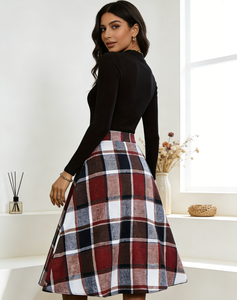 Fall Winter Vintage Checkered Fishnet Design Plus Size Casual Stretch Knee-Length Natural Waist Flared <b>Swing</b> Skirt for Women - Product Image 2