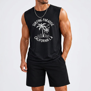 Surfing Paradise California LA Débardeur sans manches pour homme, noir, imprimé, col rond, décontracté, vêtements de plage, polyester tricoté - Product Image 1
