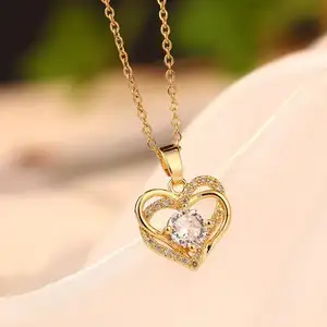 Kalung liontin hati wanita, perhiasan hadiah Hari Valentine wanita, kalung simpul cinta zirkon, Kalung liontin hati berlian