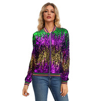 Veste bomber réversible à paillettes Mardi Gras, dégradé violet, vert, or, avec fermeture éclair, pour femmes