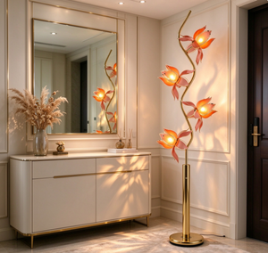 Lámpara de Pie Moderna y Creativa con Forma de Flor de Loto, Base de Hierro Dorado, Pétalos de Vidrio, Luz Ambiental Decorativa para Sala de Estar y Dormitorio - Product Image 1