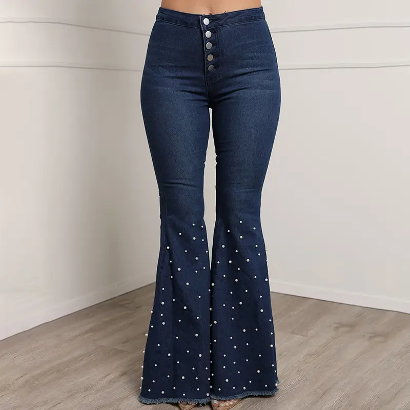 Foreign Trade Hot Product Wide Leg Women's Pants, New Elastic Jeans, Casual Beaded Flared Pants