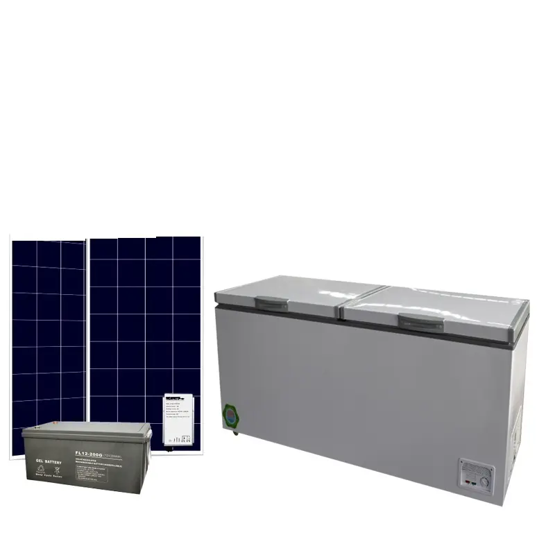 सौर ऊर्जा डीप फ्रीजर डबल दरवाजे फल और सब्जी कोल्ड स्टोरेज कैबिनेट 12V सौर डीसी ऊर्जा बचत छाती फ्रीजर