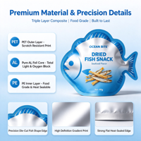Sachet personnalisé de forme spéciale pour snacks de poisson séché, découpé sur mesure, haute barrière, qualité alimentaire, impression personnalisée, saveur fruits de mer, 40g, sans BPA