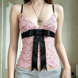 Vintage Lace Cami <b>Top</b> Women V-Neck Satin Bow Tie Colorblock Slim Fit Breathable Y2K Pink Cropped Casual Camisole Blouse - Product Image 4