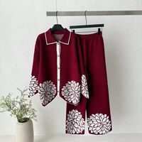 Ensemble élégant d'été en maille jacquard pour femme, avec cardigan à col boutonné et pantalon large, anti-plis