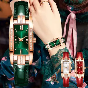 Bestseller Top Marke Luxus Edelstahl gehäuse Leder armband Kleine quadratische Quarz Damen Quarz Armbanduhr