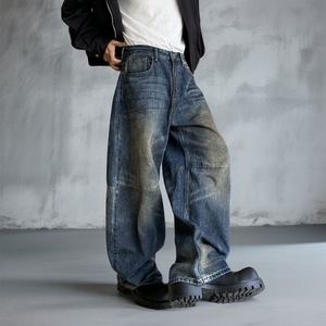 Jeans baggy sur mesure pour hommes, coupe large, en denim délavé, style workwear, design à empiècements, streetwear, style vintage - Product Image 2