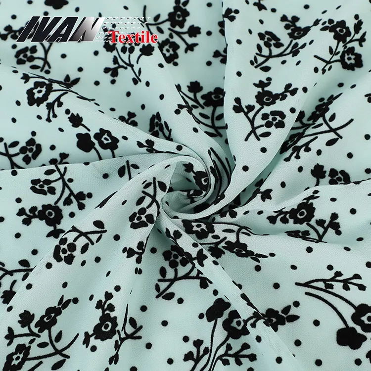 Vintage Fashion 75D Dress Material 100% Polyester Woven Printed Flocking Floral Chiffon Fabric