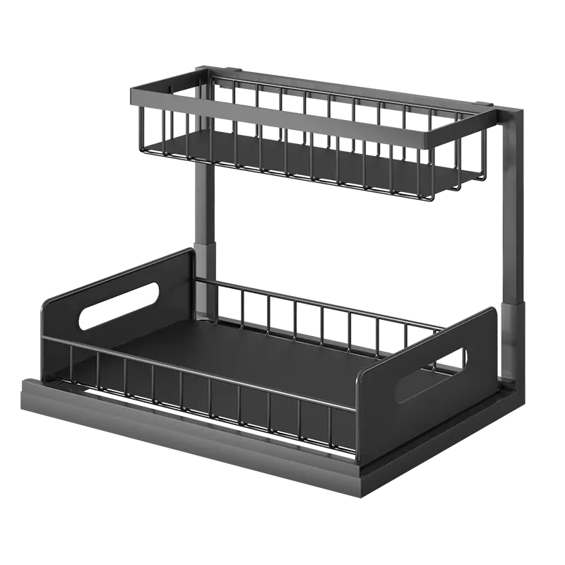 Soportes de almacenamiento de acero al carbono, nuevo diseño, estantes para especias, organizadores de cocina debajo del fregadero con cajón deslizante de 2 niveles