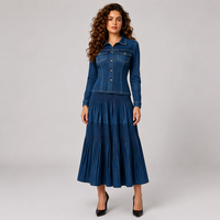 Excellence de la mode, expédition rapide, ensemble plissé vintage pour femmes en deux pièces, haut à manches longues boutonné et jupe mi-longue en forme de A