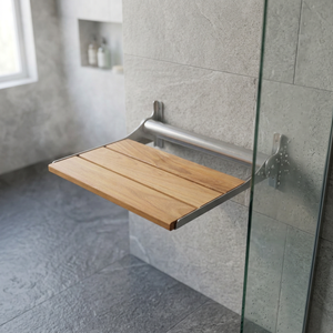 Banc de douche pliable robuste |   Siège mural en bois de teck 100% premium |   Résistant à la corrosion SS304 |   Bain de spa sûr et robuste - Product Image 1