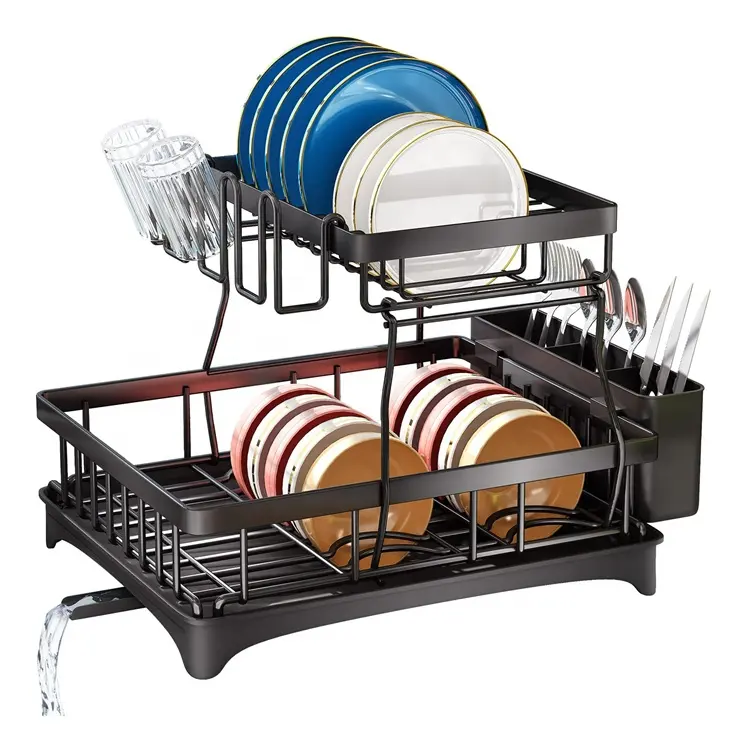 Kitchen Accessories Organizer Dish Drainer Rack Product Detachable 2 Tier Sink Dish Draining Rack and Drain Board Set Shelf