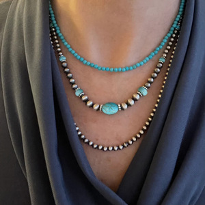 Collier superposé <span class=keywords><strong>en</strong></span> acier inoxydable style Navajo, couleur étain antique et turquoise, ensemble de 3 colliers ras-du-cou haut de gamme <span class=keywords><strong>pour</strong></span> <span class=keywords><strong>femme</strong></span> - Product Image 4