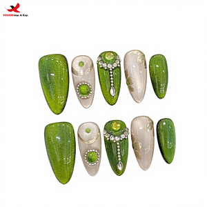 Uñas Postizas Hechas a Mano con Forma de Almendra, Color Verde Ojo de Gato, Primavera/Verano, Juego de Uñas Largas para Decoración de Uñas, 10 Piezas, GZ RTS, Pedido Mixto al por Mayor - Product Image 1
