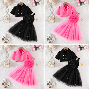 Conjunto de Vestido Formal de Dos Piezas para Niñas 2026: Blazer Estilo Pequeña Princesa + Vestido de Malla Floral Tridimensional, Poliéster Flame - Product Image 3