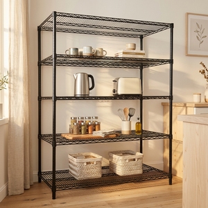 Rak Penyimpanan 5 Tingkat Warna Hitam, Rak Kawat Baja yang Dapat Disesuaikan, Rak Penyimpanan Serbaguna, Rak <span class=keywords><strong>Display</strong></span> Logam untuk Dapur, Garasi, Lemari - Product Image 1