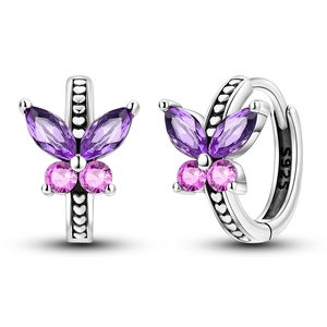 Pendientes de Aro de <span class=keywords><strong>Plata</strong></span> de Ley <span class=keywords><strong>925</strong></span> con Mariposas Rosas y Moradas con Circonita Colgante Estilo Clásico para Fiesta o Regalo para Mujer - Product Image 1