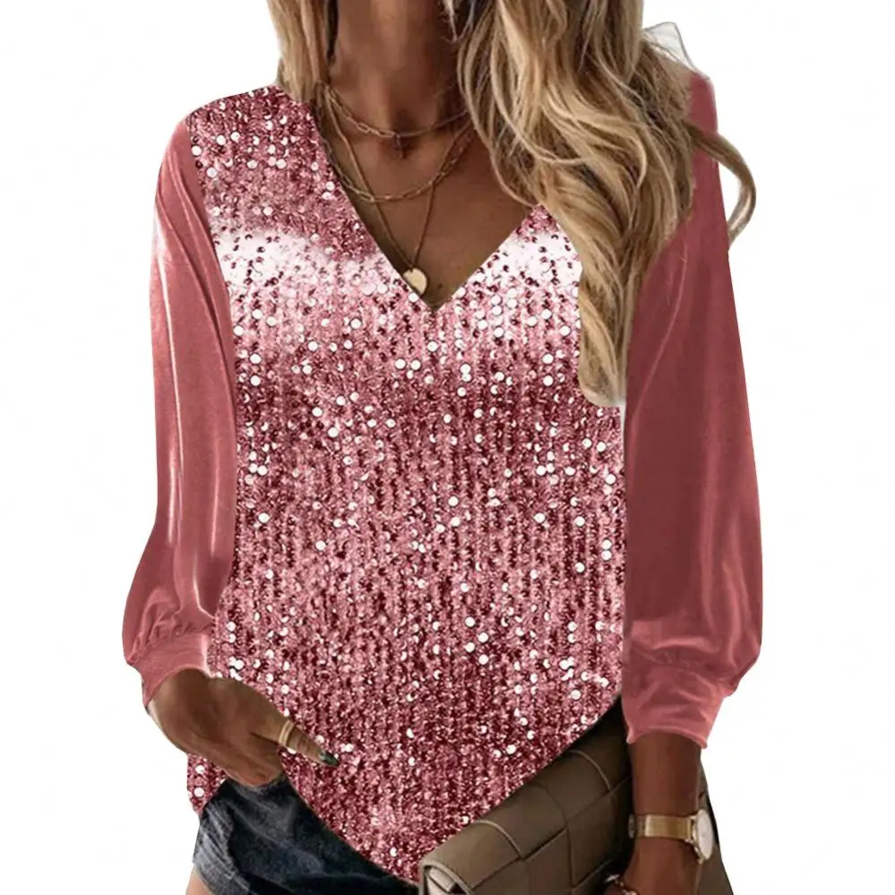 Women New Fashion Puff Long Sleeve Sequined Shirts Blouse V-neck Collar Lady Elegant Loose Sequin T Shirts Sexy Casual Shirt