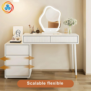 Modern Irregular Cloud LED Lighted Mirror MDF <b>Vanity</b> Desk Panel Design Luxury White Makeup <b>Table</b> 5 Drawers Gold Accents - Product Image 4