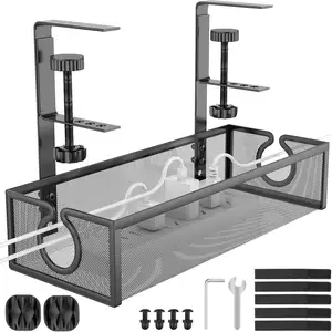 High Utility No Drill Metal Mesh Under Desk Cable Management Tray Wire Desk Cord Organizer for Home Office Standing Desk