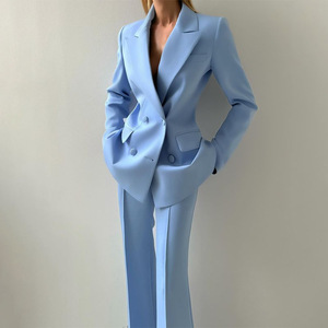 Conjunto de Otoño Azul Cielo <span class=keywords><strong>para</strong></span> <span class=keywords><strong>Mujer</strong></span> con Dos Botones, Top sin Tirantes, Chaqueta y Pantalones Casuales de Cintura Alta, Traje de 3 Piezas - Product Image 4