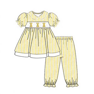 Puresun Pigiami Smock per Bambina all'Ingrosso, Pigiami Gialli in Seersucker con Ricamo <span class=keywords><strong>Coniglio</strong></span>, Abbigliamento Smock per Bambini - Product Image 1