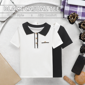 เสื้อยืดแฟชั่นลำลองสำหรับผู้หญิงสีดำคอปกแบบพับลงและแขนสั้นผ้าสแปนเด็กซ์สีทึบระบายอากาศได้ - Product Image 2