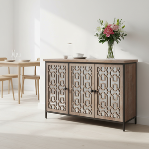 Buffet de rangement moderne en bois de luxe avec <span class=keywords><strong>3</strong></span> motifs sculptés et cadre en métal <span class=keywords><strong>noir</strong></span> pour le salon, la salle à manger et la chambre à coucher. - Product Image 1