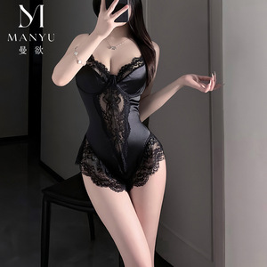 Manyu French-style sexy lingerie <b>bodysuit</b> with waist <b>shaping</b>, lace trim, backless design, and hidden snaps. (Women's 9482) - Product Image 4