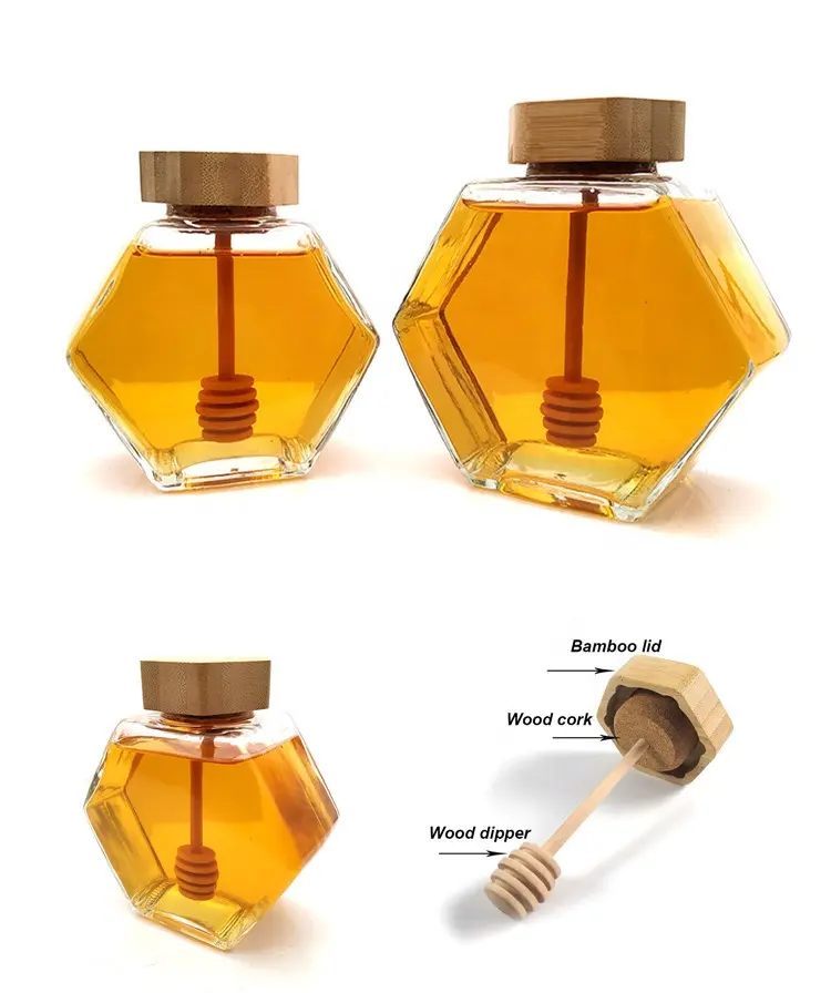 Food Storage Bottles & Jars Cover Clear Honey Jar Hexagon Empty Glass with Dipper & Bamboo Lid High Quality Luxury Sustainable