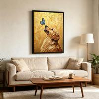 Tableau mural encadré Golden Retriever, peinture texture or papillon bleu, cadre noir mat, décoration pour maison de campagne, cadeau pour animal de compagnie