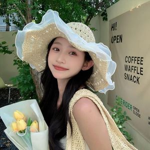 Lace <b>Straw</b> Sun <b>Hat</b> For Women Wide Brim Foldable Breathable Y2K Style Beach Summer Sun Protection Solid Color Pearl Lace - Product Image 2