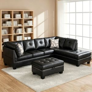 L-shaped Chesterfield-style extendable faux leather <b>cushioned</b> modular sofa with <b>storage</b> ottoman and reversible design, suitable - Product Image 1