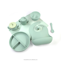 Ensemble d'alimentation moderne en silicone pour bébé avec bavoir, bol à ventouse, assiette et couverts, certifié LFGB, couleur et logo personnalisables pour la diversification alimentaire