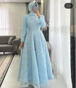 Long Sleeve High Neck Muslim Maxi Length Lady Evening Party Gowns Blue Color Women Dubai Luxury Prom Dresses