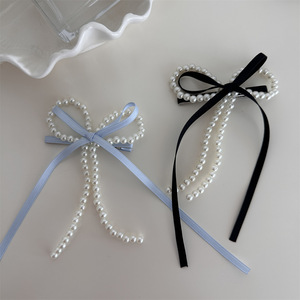 달콤한 멋진 소녀 긴 리본 긴 꼬리 활 진주 헤어 클립 키즈 보우 헤어 액세서리 악어 오리 빌 헤어 클립 - Product Image 1