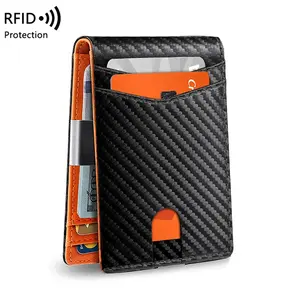 RFID Slim carteira masculina com grampo de dinheiro, bolso frontal minimalista Bifold titular do cartão carteira de crédito de fibra de carbono