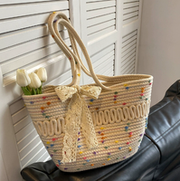 Bolso de Mano de Paja para Mujer, Color en Contraste, Lazo, Tejido, Informal, para Vacaciones, Playa