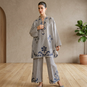 Women's Striped Embroidered Cotton Bohemian 2-Piece Set Long Sleeve V-Neck Top Loose Fit Ankle Length <b>Pants</b> Full Sleeve - Product Image 1