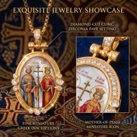 Colgante Ovalado de Madreperla con Icono Personalizado de San Constantino y Santa Eleno, Regalo Ortodoxo Griego, Latón con Oro de 18K y Circonitas, Suministros Religiosos